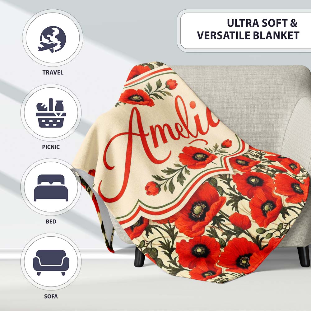 Vintage Poppy Floral Pattern Bold Red Flowers Botanical Seamless  Personalised Custom Name Super Soft Fleece Blanket Bed Sofa Throw