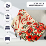 Vintage Poppy Floral Pattern Bold Red Flowers Botanical Seamless  Personalised Custom Name Super Soft Fleece Blanket Bed Sofa Throw