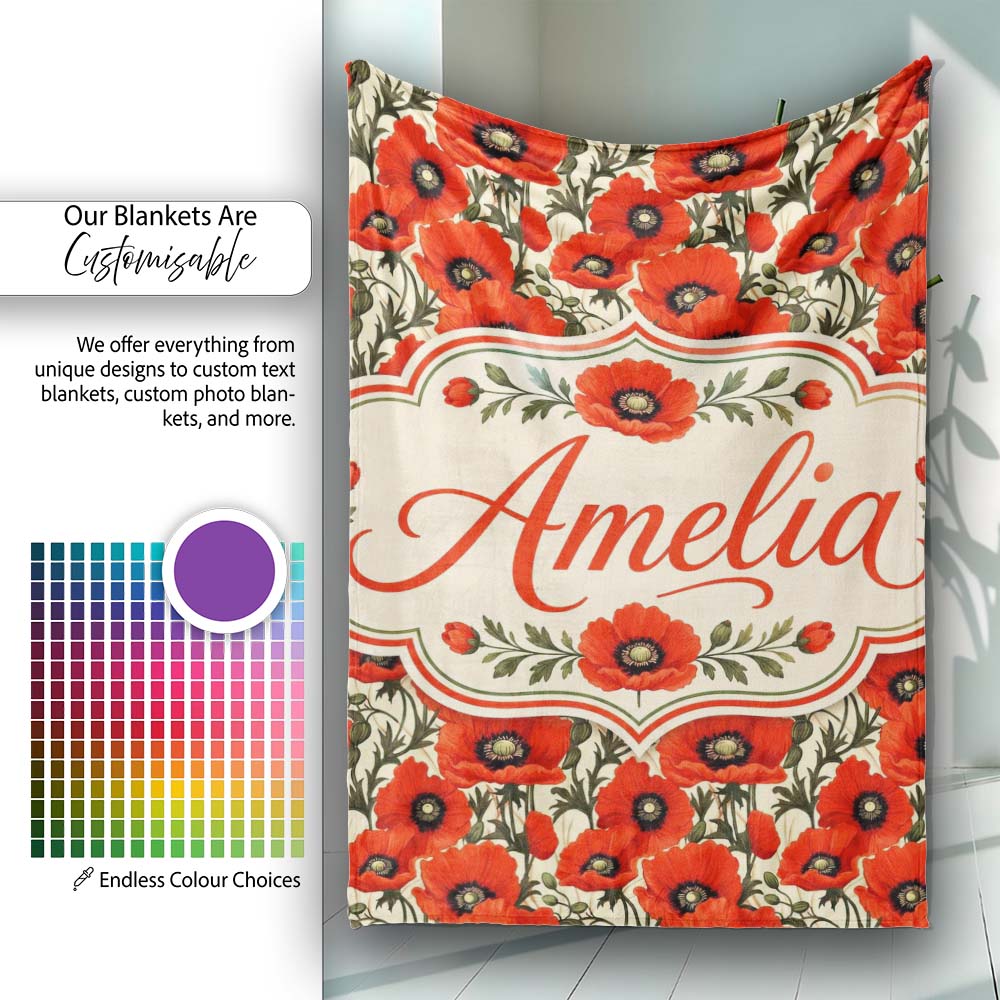 Vintage Poppy Floral Pattern Bold Red Flowers Botanical Seamless  Personalised Custom Name Super Soft Fleece Blanket Bed Sofa Throw