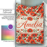 Vintage Poppy Floral Pattern Bold Red Flowers Botanical Seamless  Personalised Custom Name Super Soft Fleece Blanket Bed Sofa Throw