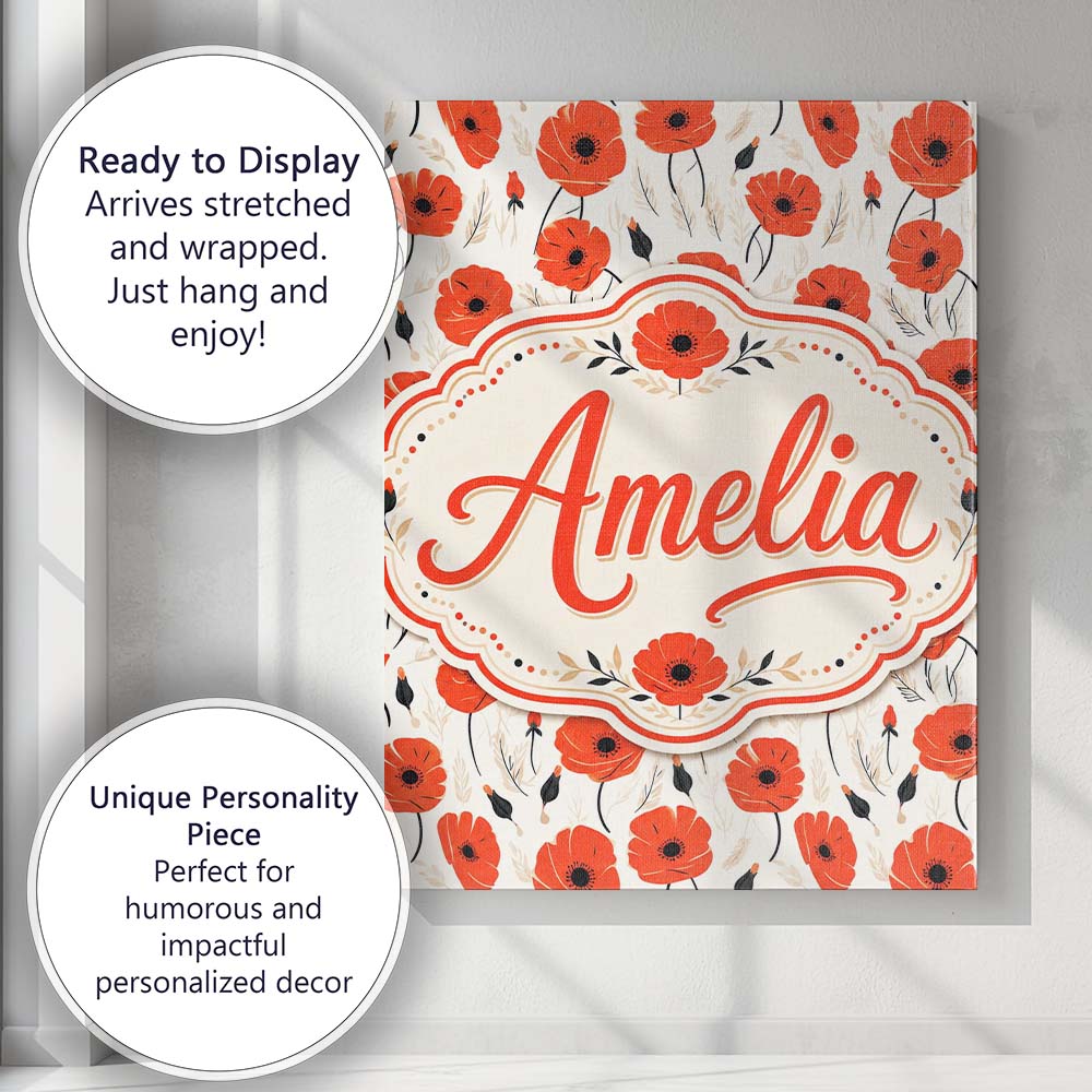 Personalised Name Minimal Red Poppy Floral Custom  Unique Gift Idea Elegant Feature Canvas Wall Art Print Decor Picture Ready to Hang
