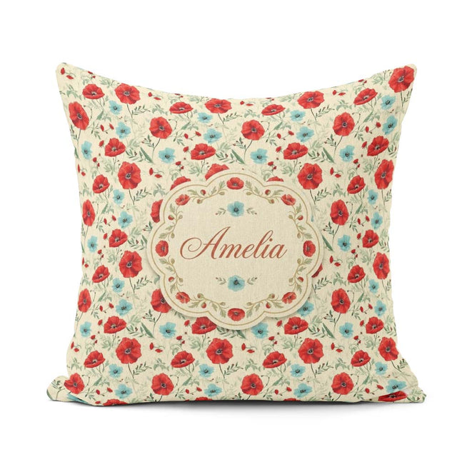 Custom Name Wildflower Poppy Pattern Red Blue Botanical Seamless Square Filled Cushion Throw Pillow Sofa Bed Home Decor Zip Washable UK Made