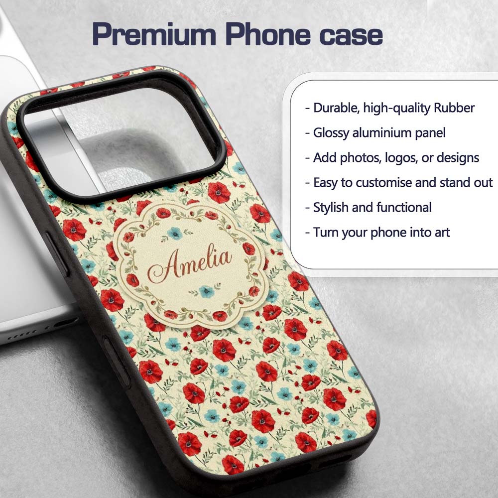 Wildflower Poppy Pattern Red and Blue Botanical Custom Name Protective Phone Case Mobile Cover Durable Everyday Smartphone Shock Resistant