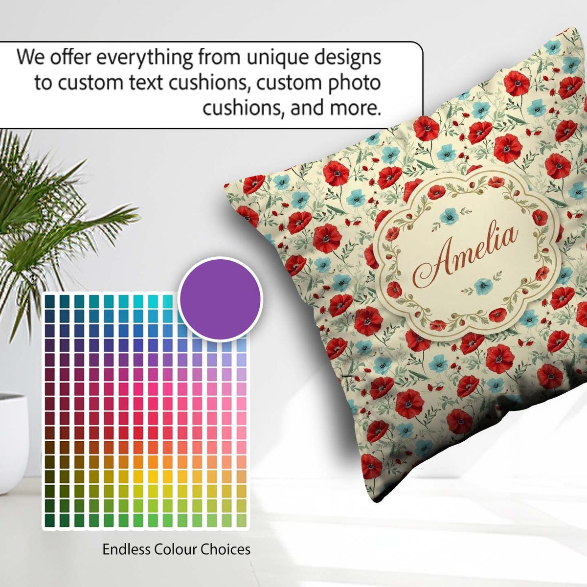 Custom Name Wildflower Poppy Pattern Red Blue Botanical Seamless Square Filled Cushion Throw Pillow Sofa Bed Home Decor Zip Washable UK Made