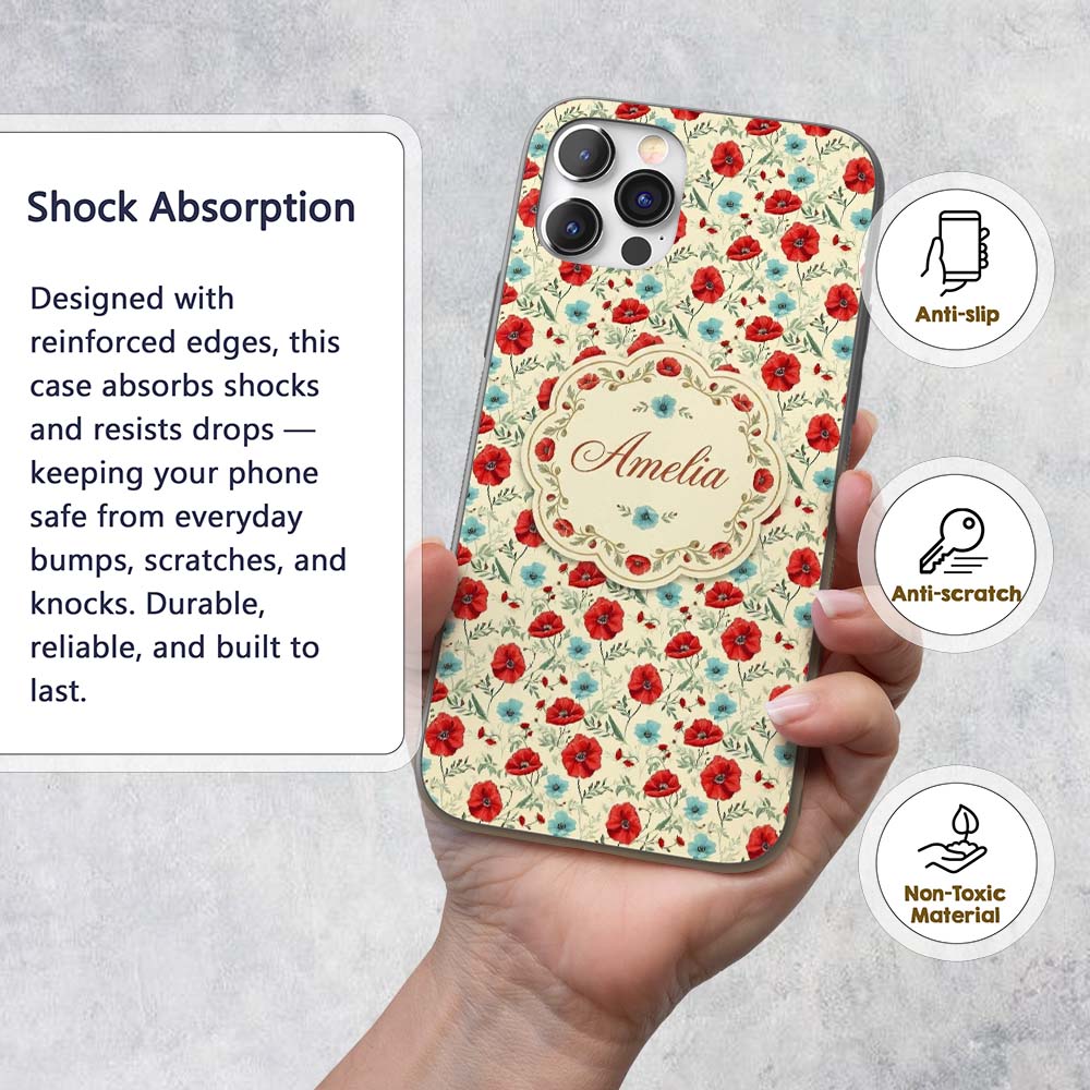 Wildflower Poppy Pattern Red and Blue Botanical Custom Name Protective Phone Case Mobile Cover Durable Everyday Smartphone Shock Resistant