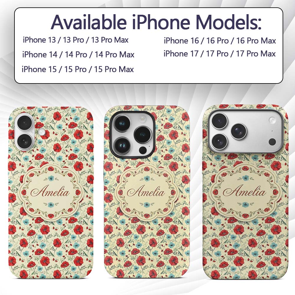Wildflower Poppy Pattern Red and Blue Botanical Custom Name Protective Phone Case Mobile Cover Durable Everyday Smartphone Shock Resistant
