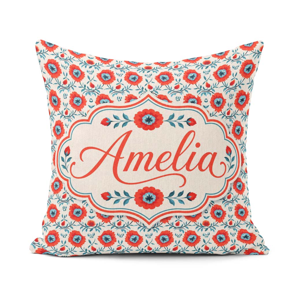 Custom Name Folk Art Floral Pattern Red Flowers Style Seamless Square Filled Cushion Throw Pillow Sofa Bed Home Decor Zip Washable UK Made