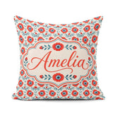 Custom Name Folk Art Floral Pattern Red Flowers Style Seamless Square Filled Cushion Throw Pillow Sofa Bed Home Decor Zip Washable UK Made