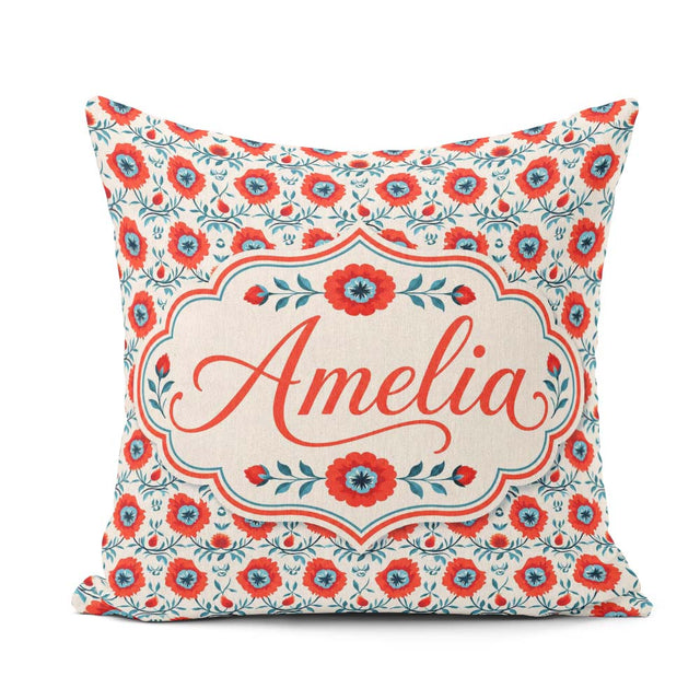 Custom Name Folk Art Floral Pattern Red Flowers Style Seamless Square Filled Cushion Throw Pillow Sofa Bed Home Decor Zip Washable UK Made