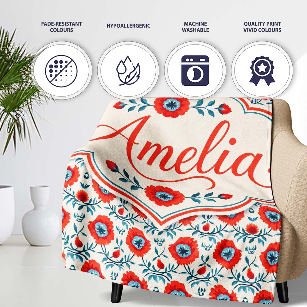 Folk Art Floral Pattern Red Flowers Scandinavian Style Seamless  Personalised Custom Name Super Soft Fleece Blanket Bed Sofa Throw