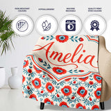 Folk Art Floral Pattern Red Flowers Scandinavian Style Seamless  Personalised Custom Name Super Soft Fleece Blanket Bed Sofa Throw