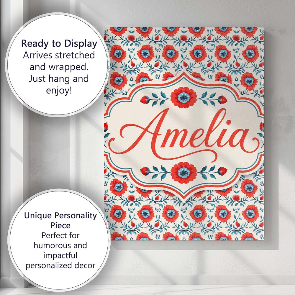 Personalised Name Folk Floral Pattern Custom  Unique Gift Idea Modern Room Accent Canvas Wall Art Print Decor Picture Ready to Hang