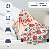Folk Art Floral Pattern Red Flowers Scandinavian Style Seamless  Personalised Custom Name Super Soft Fleece Blanket Bed Sofa Throw