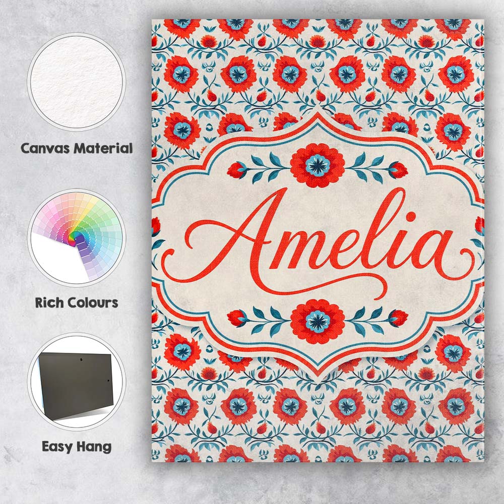 Personalised Name Folk Floral Pattern Custom  Unique Gift Idea Modern Room Accent Canvas Wall Art Print Decor Picture Ready to Hang