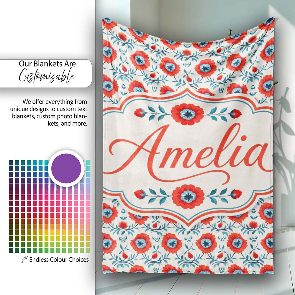 Folk Art Floral Pattern Red Flowers Scandinavian Style Seamless  Personalised Custom Name Super Soft Fleece Blanket Bed Sofa Throw