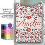 Folk Art Floral Pattern Red Flowers Scandinavian Style Seamless  Personalised Custom Name Super Soft Fleece Blanket Bed Sofa Throw