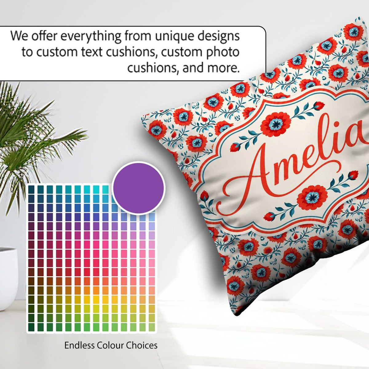 Custom Name Folk Art Floral Pattern Red Flowers Style Seamless Square Filled Cushion Throw Pillow Sofa Bed Home Decor Zip Washable UK Made