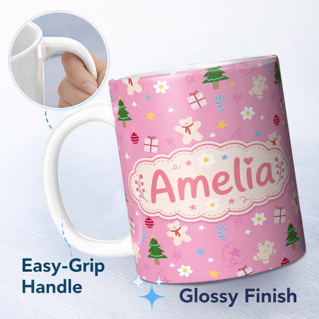 Personalized Custom Name Cute Christmas Teddy Gingerbread Tree Candy Seamless Pattern Lovely 11oz Ceramic Coffee Tea Mug White Large Handle