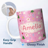 Personalized Custom Name Cute Christmas Teddy Gingerbread Tree Candy Seamless Pattern Lovely 11oz Ceramic Coffee Tea Mug White Large Handle