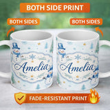 Personalized Custom Name Cute Snowman Winter Trees Snowflakes Seamless Pattern Lovely 11oz Ceramic Coffee Tea Mug White Large Handle