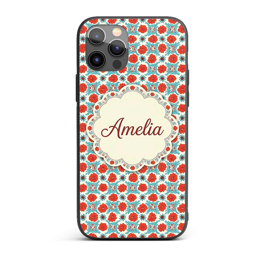 Floral Tile Pattern Red and Blue Printed Design Custom Name Protective Phone Case Mobile Cover Durable Everyday Smartphone Shock Resistant