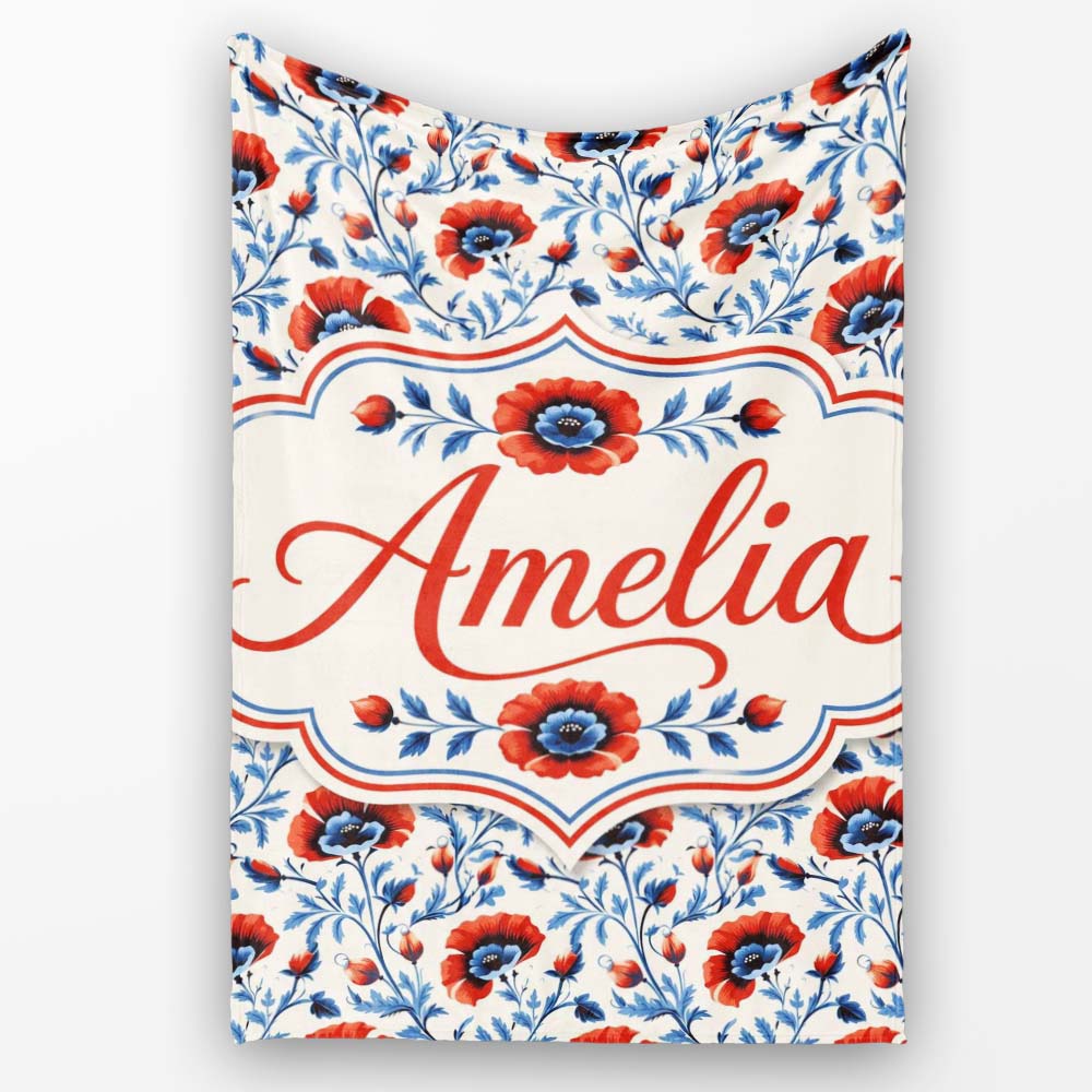 Red and Blue Poppy Floral Pattern Elegant Botanical Seamless Design  Personalised Custom Name Super Soft Fleece Blanket Bed Sofa Throw