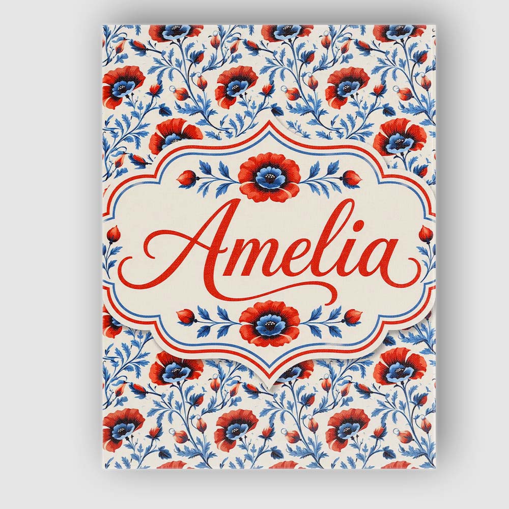 Personalised Name Red and Blue Poppy Floral Custom  Bespoke Interior Contemporary Canvas Wall Art Print Decor Picture Ready to Hang