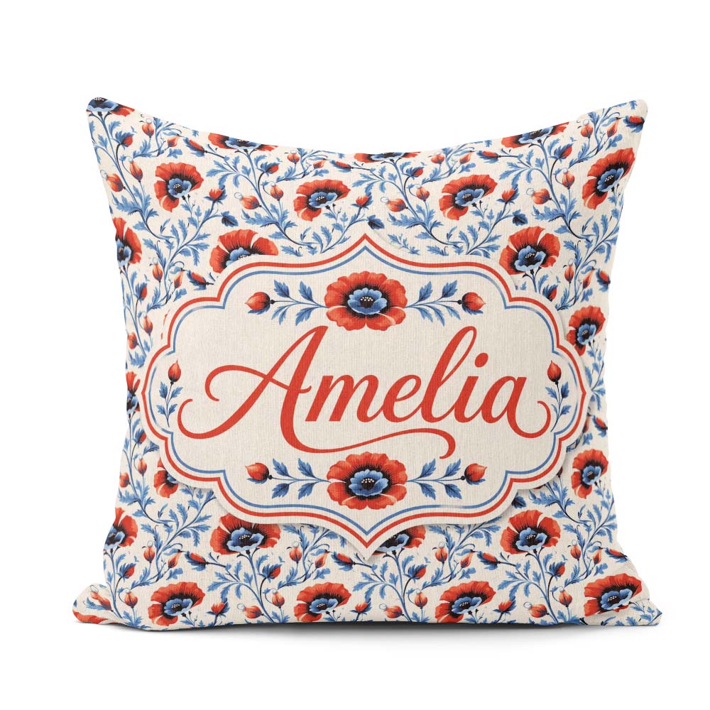 Custom Name Red and Blue Poppy Floral Pattern Botanical Seamless Square Filled Cushion Throw Pillow Sofa Bed Home Decor Zip Washable UK Made