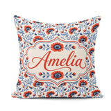 Custom Name Red and Blue Poppy Floral Pattern Botanical Seamless Square Filled Cushion Throw Pillow Sofa Bed Home Decor Zip Washable UK Made