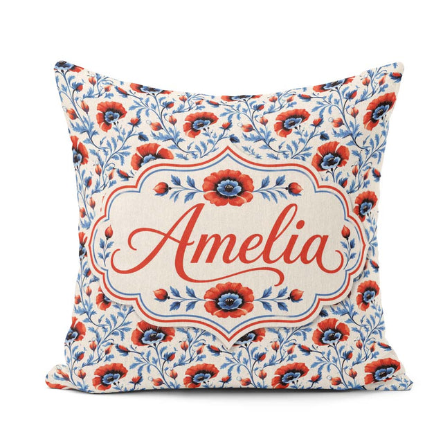 Custom Name Red and Blue Poppy Floral Pattern Botanical Seamless Square Filled Cushion Throw Pillow Sofa Bed Home Decor Zip Washable UK Made