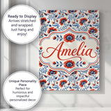 Personalised Name Red and Blue Poppy Floral Custom  Bespoke Interior Contemporary Canvas Wall Art Print Decor Picture Ready to Hang