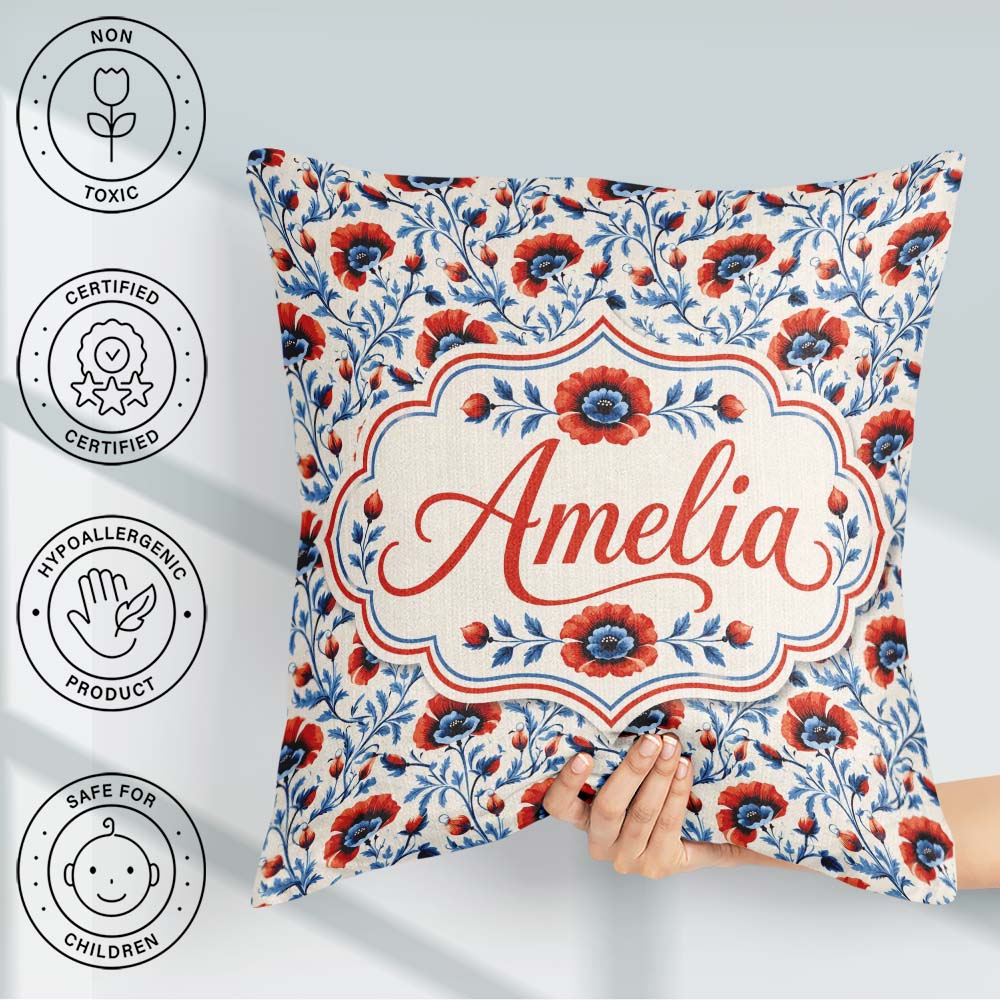Custom Name Red and Blue Poppy Floral Pattern Botanical Seamless Square Filled Cushion Throw Pillow Sofa Bed Home Decor Zip Washable UK Made