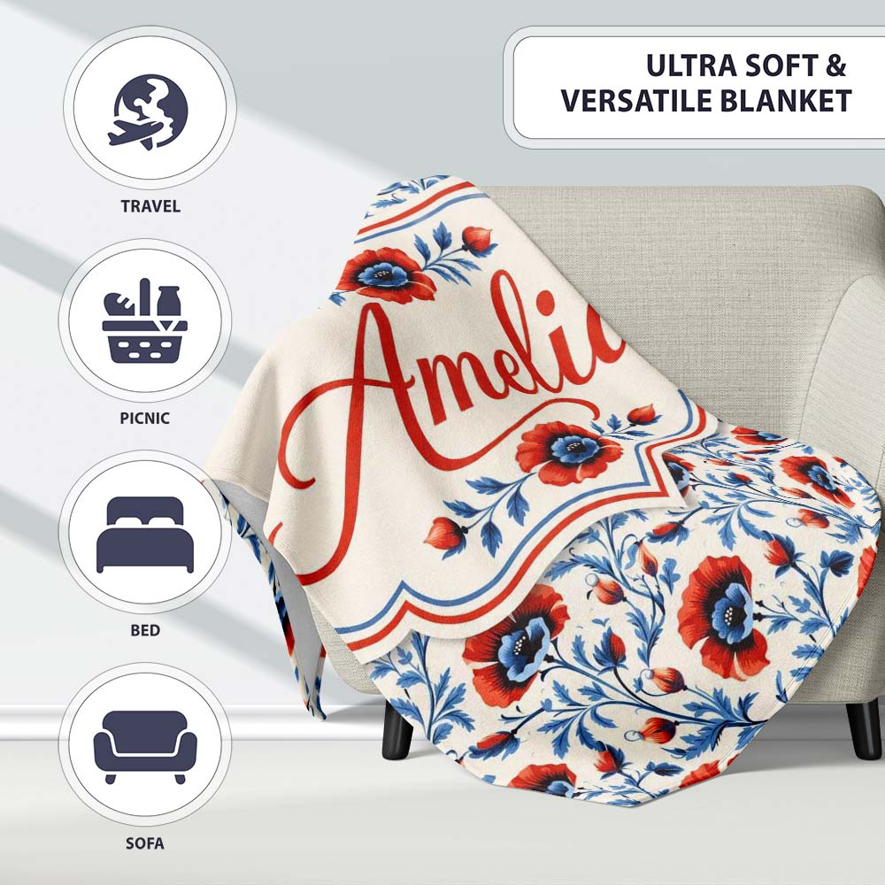 Red and Blue Poppy Floral Pattern Elegant Botanical Seamless Design  Personalised Custom Name Super Soft Fleece Blanket Bed Sofa Throw