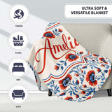 Red and Blue Poppy Floral Pattern Elegant Botanical Seamless Design  Personalised Custom Name Super Soft Fleece Blanket Bed Sofa Throw