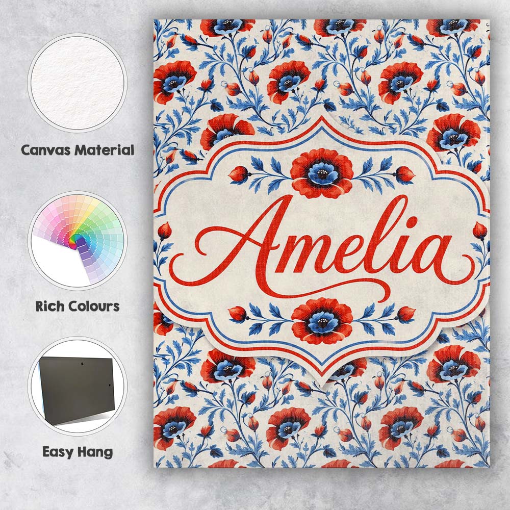 Personalised Name Red and Blue Poppy Floral Custom  Bespoke Interior Contemporary Canvas Wall Art Print Decor Picture Ready to Hang
