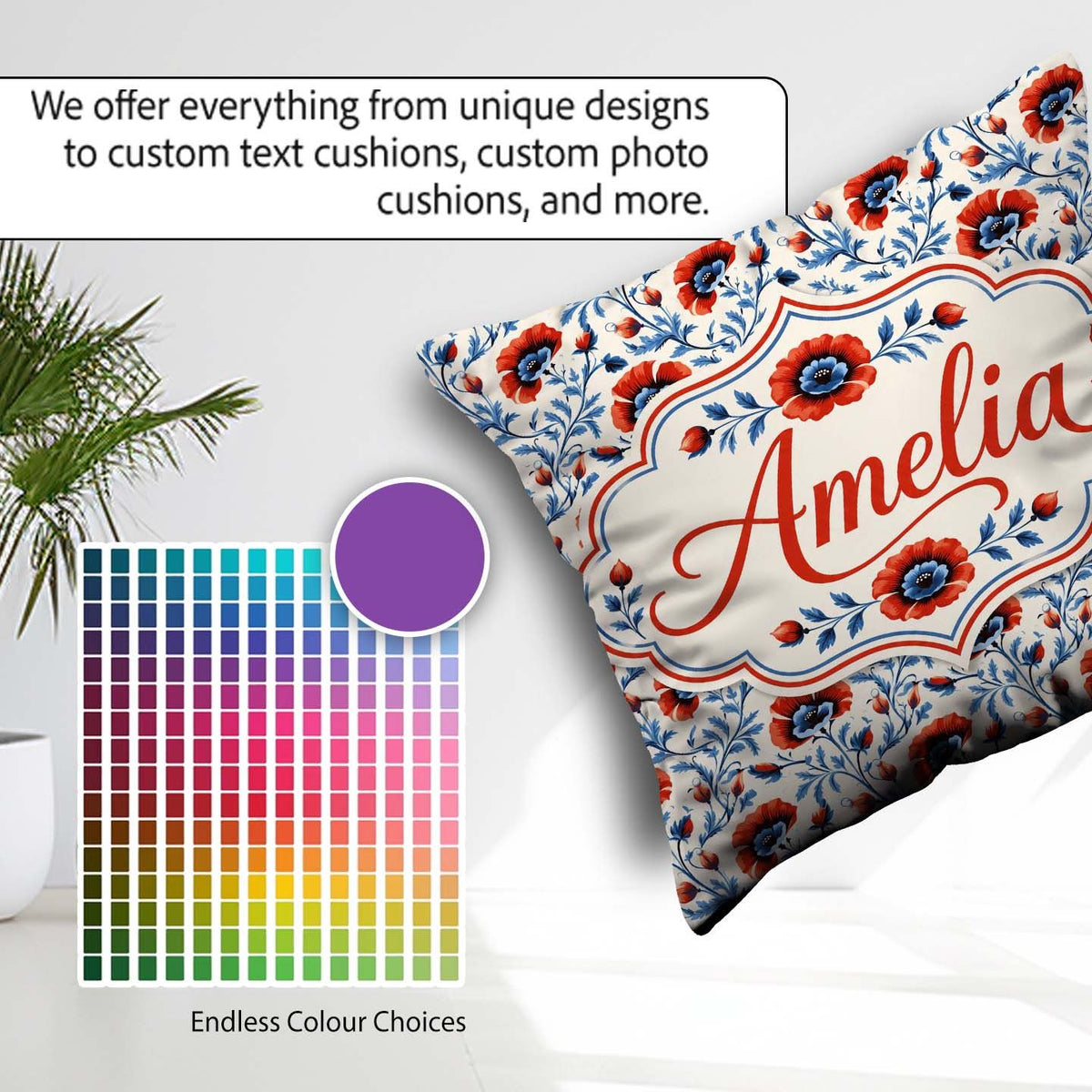 Custom Name Red and Blue Poppy Floral Pattern Botanical Seamless Square Filled Cushion Throw Pillow Sofa Bed Home Decor Zip Washable UK Made