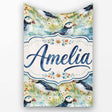 Vintage Puffin Bird and Floral Pattern Botanical Coastal Seamless  Personalised Custom Name Super Soft Fleece Blanket Bed Sofa Throw