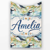 Vintage Puffin Bird and Floral Pattern Botanical Coastal Seamless  Personalised Custom Name Super Soft Fleece Blanket Bed Sofa Throw