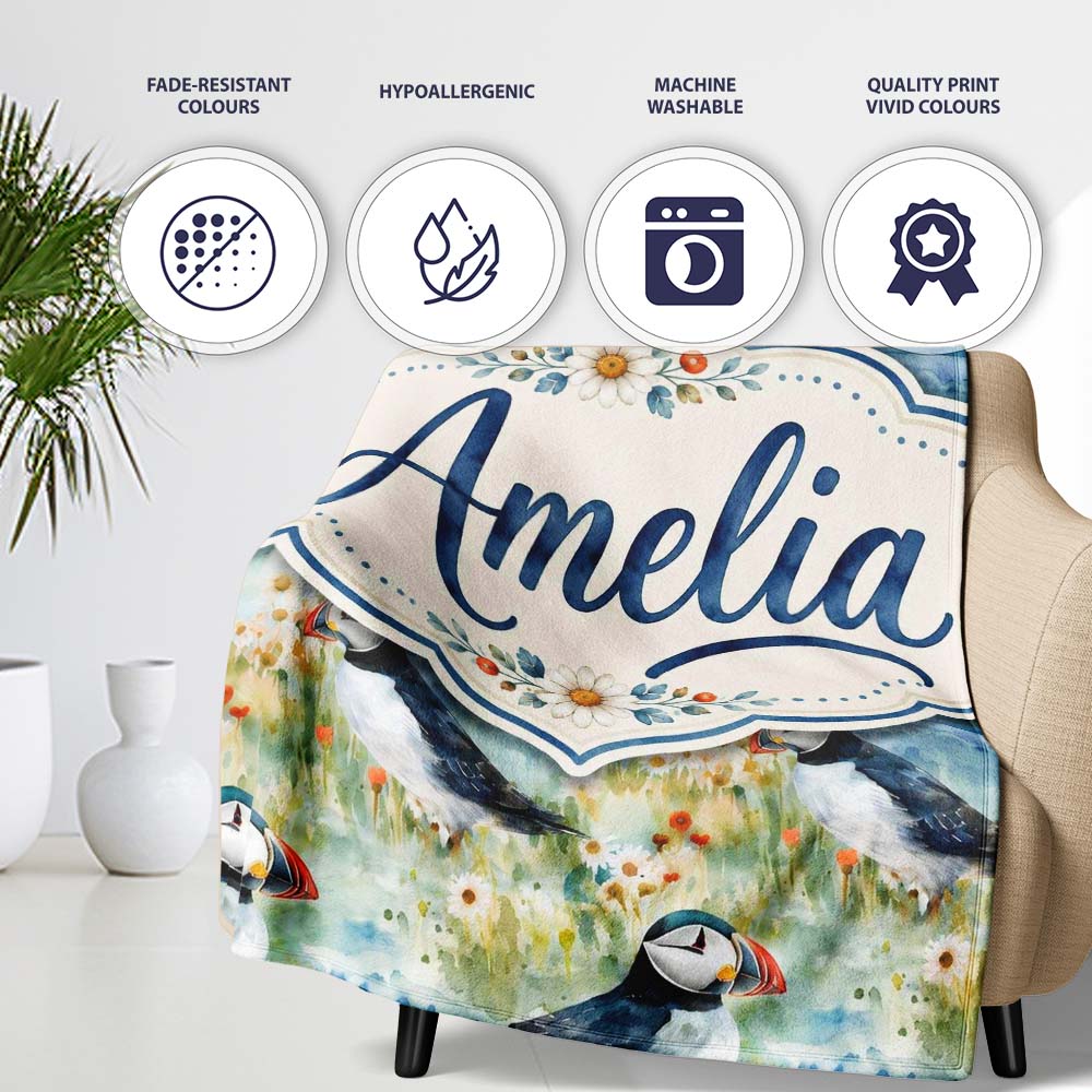Vintage Puffin Bird and Floral Pattern Botanical Coastal Seamless  Personalised Custom Name Super Soft Fleece Blanket Bed Sofa Throw