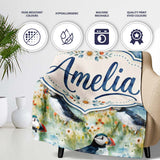 Vintage Puffin Bird and Floral Pattern Botanical Coastal Seamless  Personalised Custom Name Super Soft Fleece Blanket Bed Sofa Throw