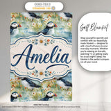 Vintage Puffin Bird and Floral Pattern Botanical Coastal Seamless  Personalised Custom Name Super Soft Fleece Blanket Bed Sofa Throw