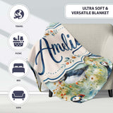 Vintage Puffin Bird and Floral Pattern Botanical Coastal Seamless  Personalised Custom Name Super Soft Fleece Blanket Bed Sofa Throw