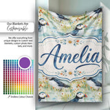 Vintage Puffin Bird and Floral Pattern Botanical Coastal Seamless  Personalised Custom Name Super Soft Fleece Blanket Bed Sofa Throw