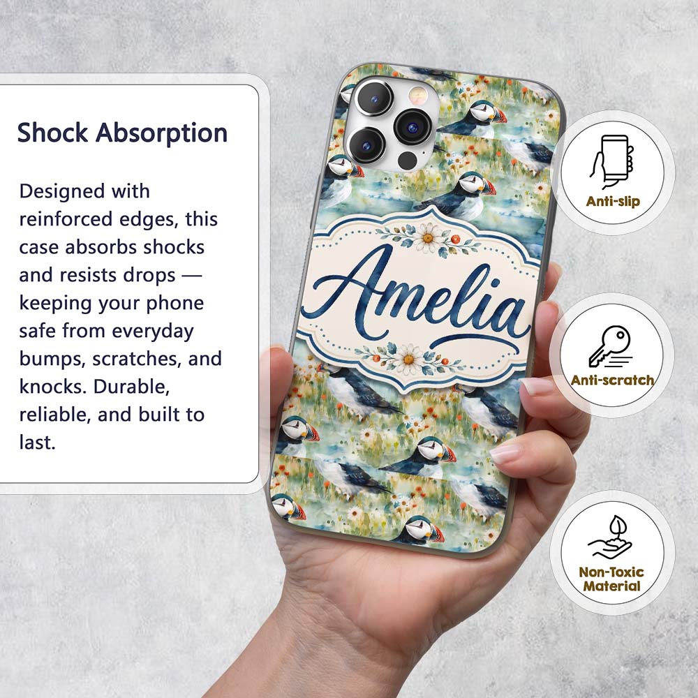 Vintage Puffin Bird and Floral Pattern Botanical Custom Name Protective Phone Case Mobile Cover Durable Everyday Smartphone Shock Resistant