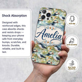 Vintage Puffin Bird and Floral Pattern Botanical Custom Name Protective Phone Case Mobile Cover Durable Everyday Smartphone Shock Resistant