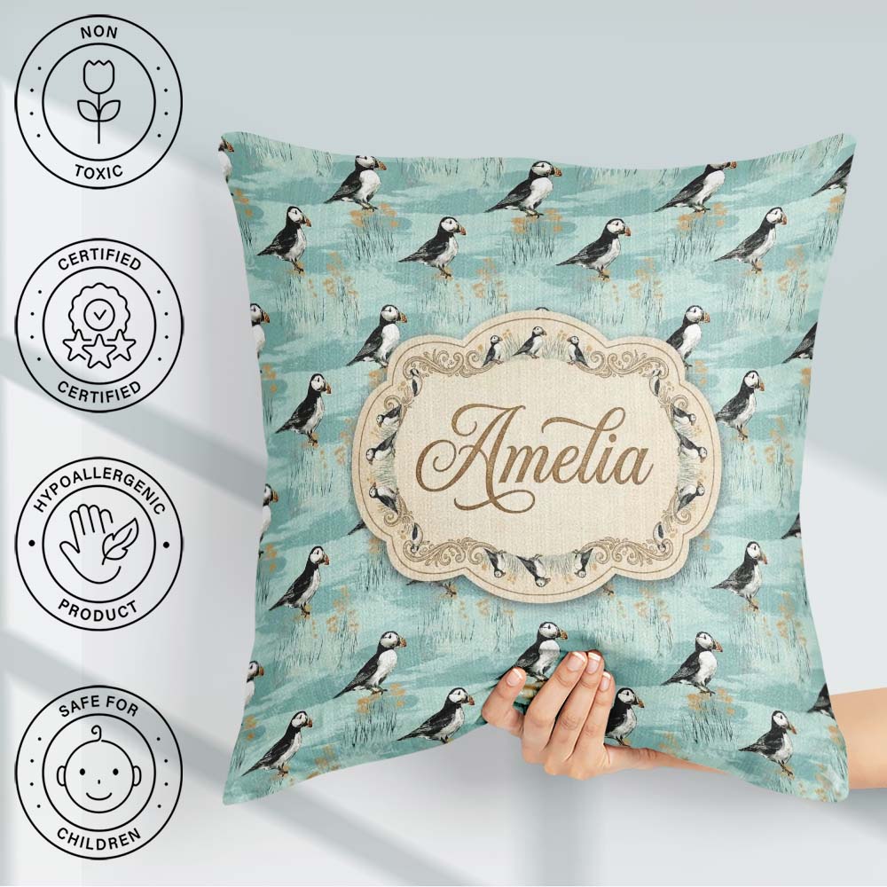 Custom Name Watercolor Puffin Meadow Pattern Wildflower Seamless Square Filled Cushion Throw Pillow Sofa Bed Home Decor Zip Washable UK Made