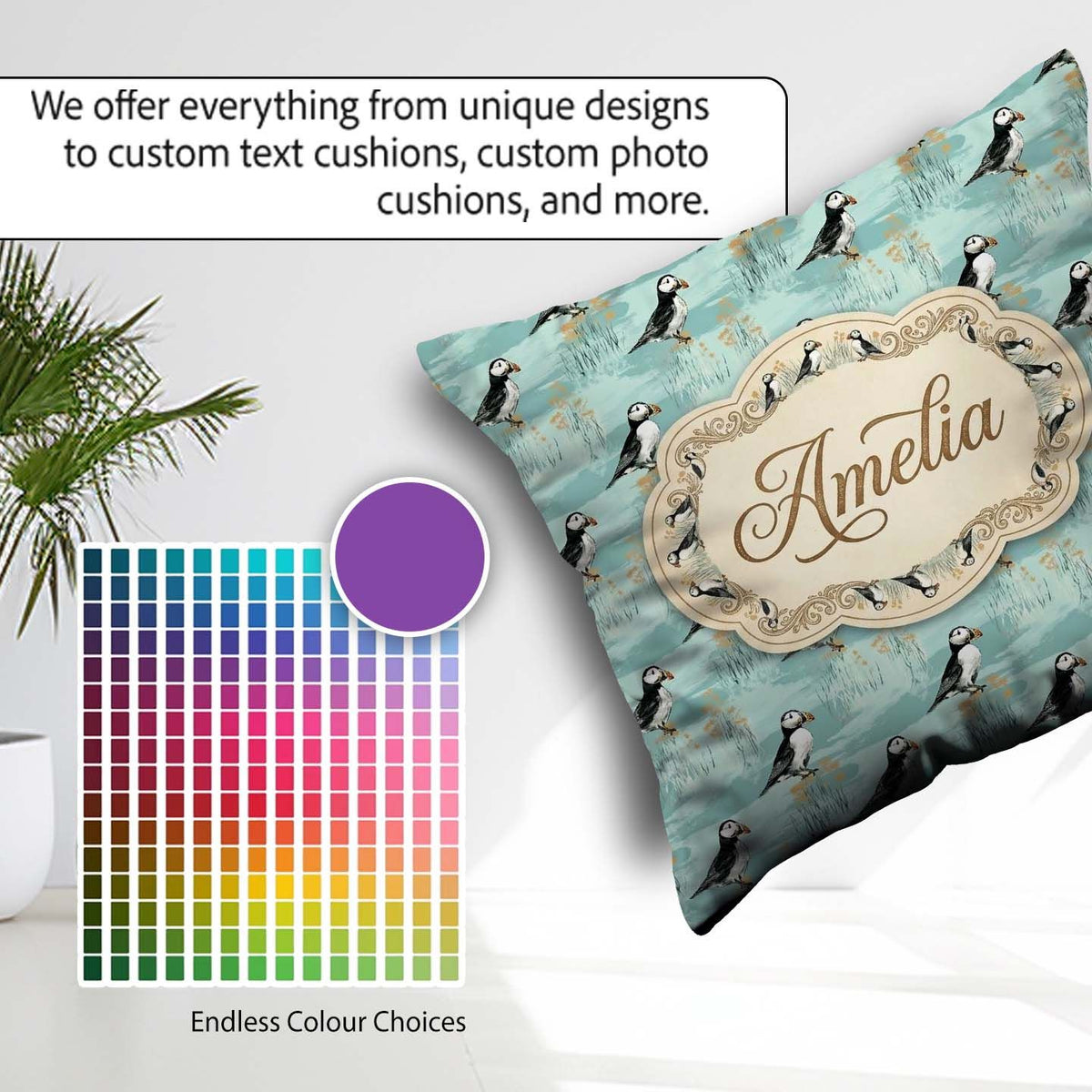 Custom Name Watercolor Puffin Meadow Pattern Wildflower Seamless Square Filled Cushion Throw Pillow Sofa Bed Home Decor Zip Washable UK Made