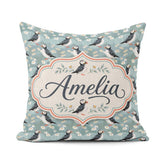 Custom Name Puffin Daisy Field Pattern Soft Blue Nature Seamless Square Filled Cushion Throw Pillow Sofa Bed Home Decor Zip Washable UK Made