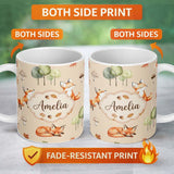 Personalized Custom Name Woodland Fox with Trees Leaves Mushrooms Soft Beige Seamless 11oz Ceramic Coffee Tea Mug White Large Handle