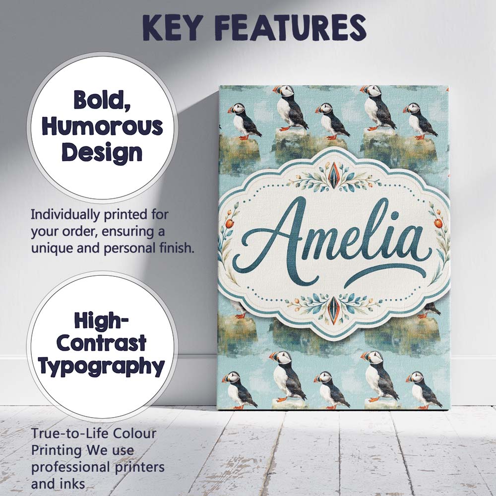 Personalised Name Puffin Bird Pattern Custom Modern Room Accent Creative Decorator Style Canvas Wall Art Print Decor Picture Ready to Hang